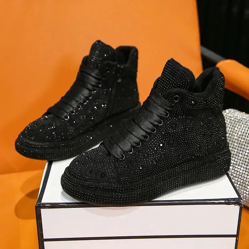 Elegant Diamond Boots for Women - Winter Ankle Snow Boots with Round Toe, Thick Bottom, and Warm Flashing Design