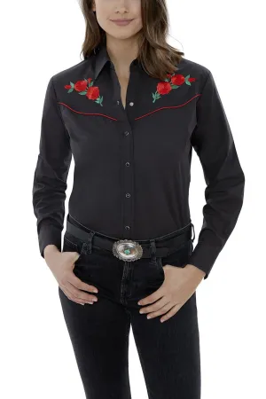 Ely Ladies Long Sleeve Western Shirt with Red Rose Embroidery Style 15303801-88