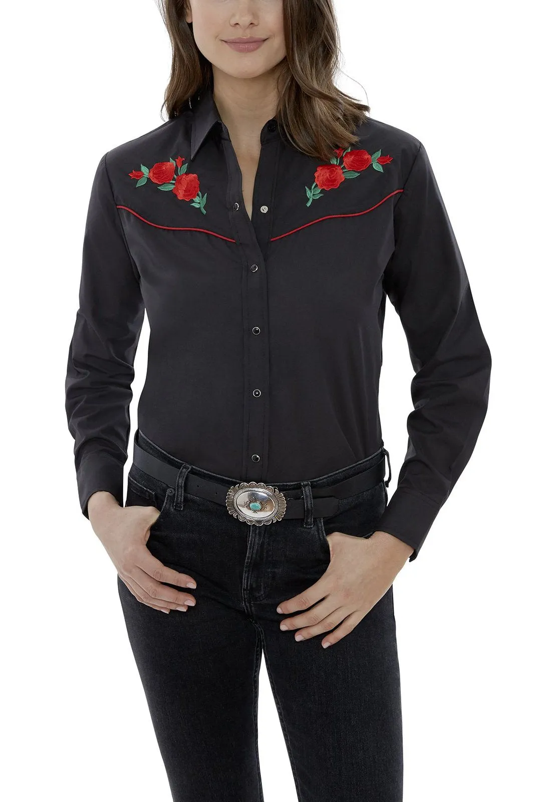 Ely Ladies Long Sleeve Western Shirt with Red Rose Embroidery Style 15303801-88