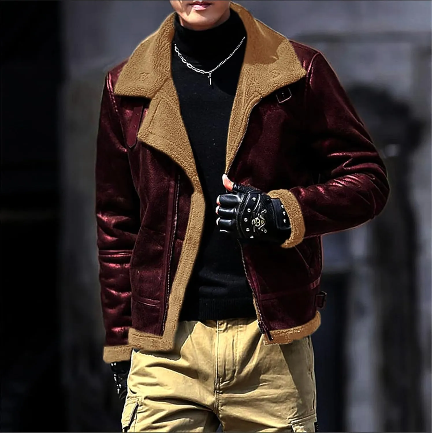 Faux Leather Jacket for Men Fleece Sherpa Lined Winter Coats Heavyweight Bomber Jackets Zip Up Thermal Motorbike Coat