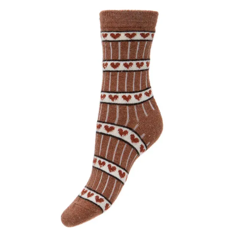 Fine knit, ribbed Wool Blend Socks with hearts - PINK