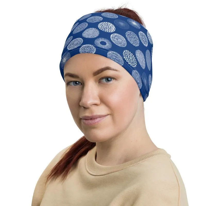 Fireworks design, white blue abstract circles, Neck gaiter face cover head wear headband wrist band wrap balaclava mask bandanna beanie hood