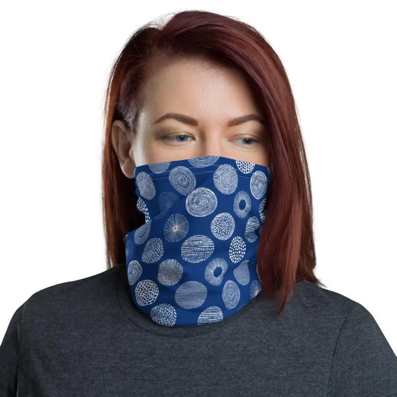 Fireworks design, white blue abstract circles, Neck gaiter face cover head wear headband wrist band wrap balaclava mask bandanna beanie hood