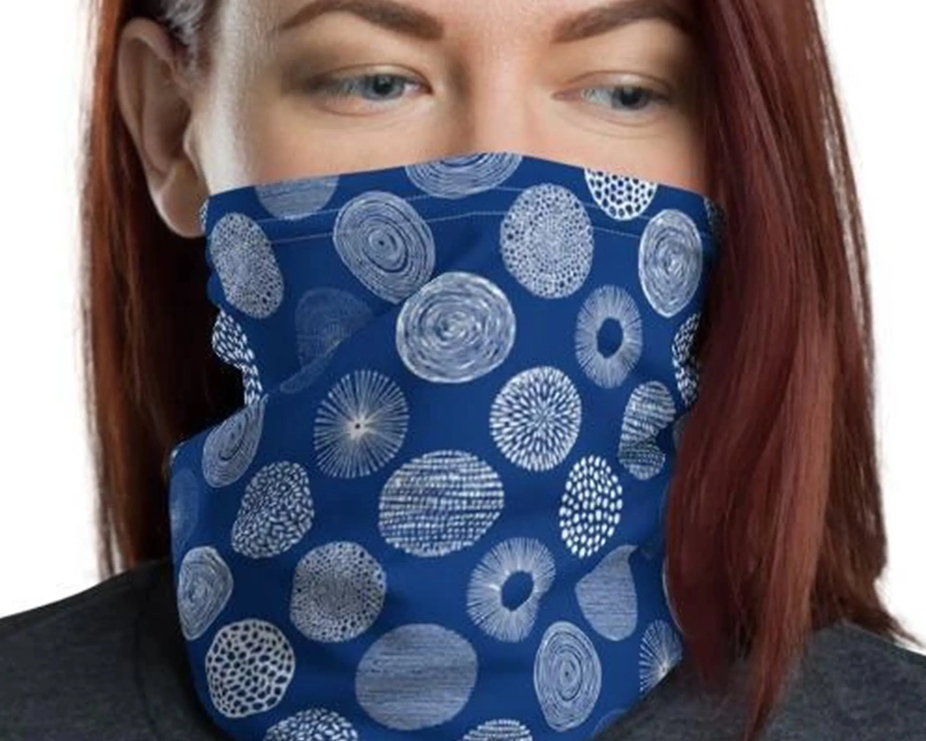 Fireworks design, white blue abstract circles, Neck gaiter face cover head wear headband wrist band wrap balaclava mask bandanna beanie hood