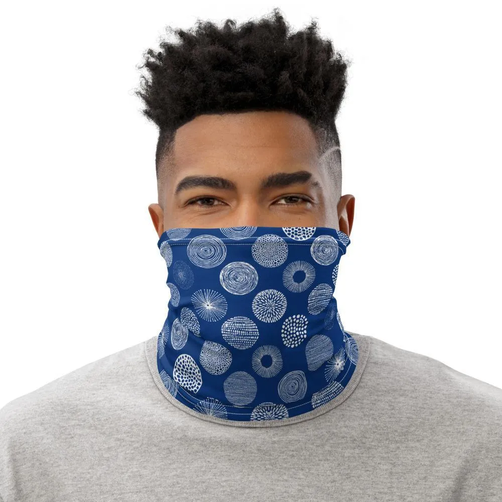 Fireworks design, white blue abstract circles, Neck gaiter face cover head wear headband wrist band wrap balaclava mask bandanna beanie hood