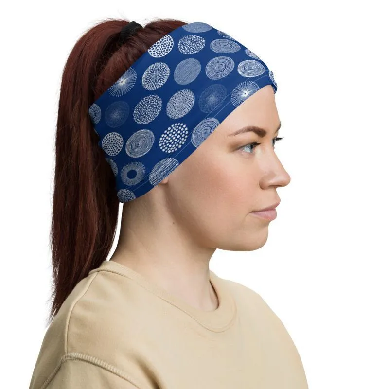 Fireworks design, white blue abstract circles, Neck gaiter face cover head wear headband wrist band wrap balaclava mask bandanna beanie hood