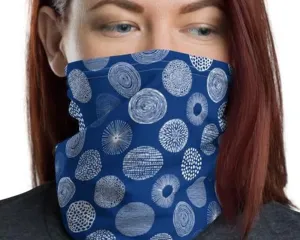 Fireworks design, white blue abstract circles, Neck gaiter face cover head wear headband wrist band wrap balaclava mask bandanna beanie hood