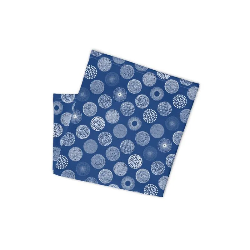 Fireworks design, white blue abstract circles, Neck gaiter face cover head wear headband wrist band wrap balaclava mask bandanna beanie hood