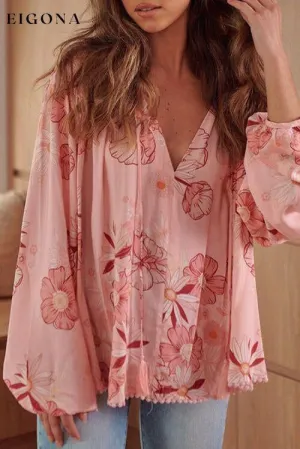 Floral Smocked Tassel Tie Balloon Sleeve Blouse