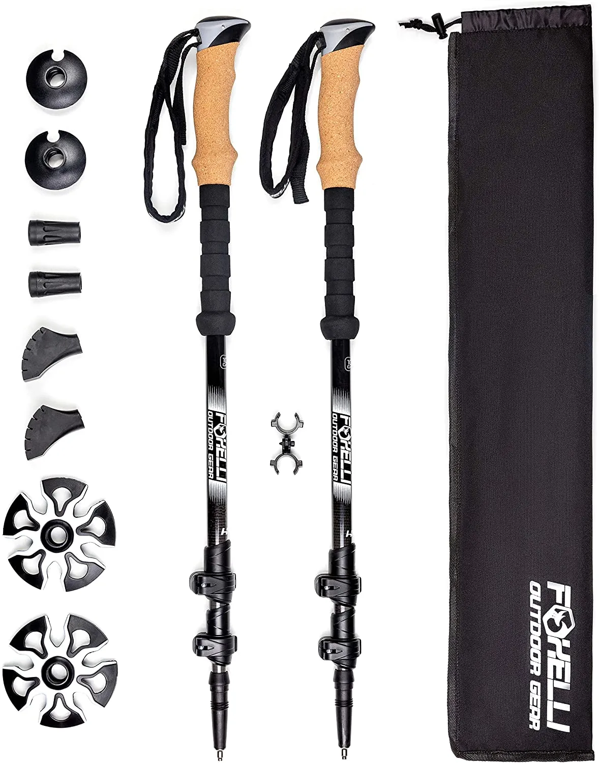 Foxelli Carbon Fiber Trekking Poles – Collapsible, Lightweight, Shock-Absorbent, Hiking, Walking & Running Sticks with Natural Cork Grips, Flip Locks, 4 Season/All Terrain Accessories and Carry Bag