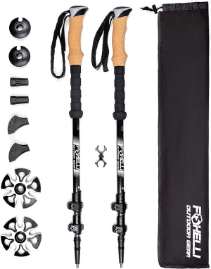Foxelli Carbon Fiber Trekking Poles – Collapsible, Lightweight, Shock-Absorbent, Hiking, Walking & Running Sticks with Natural Cork Grips, Flip Locks, 4 Season/All Terrain Accessories and Carry Bag
