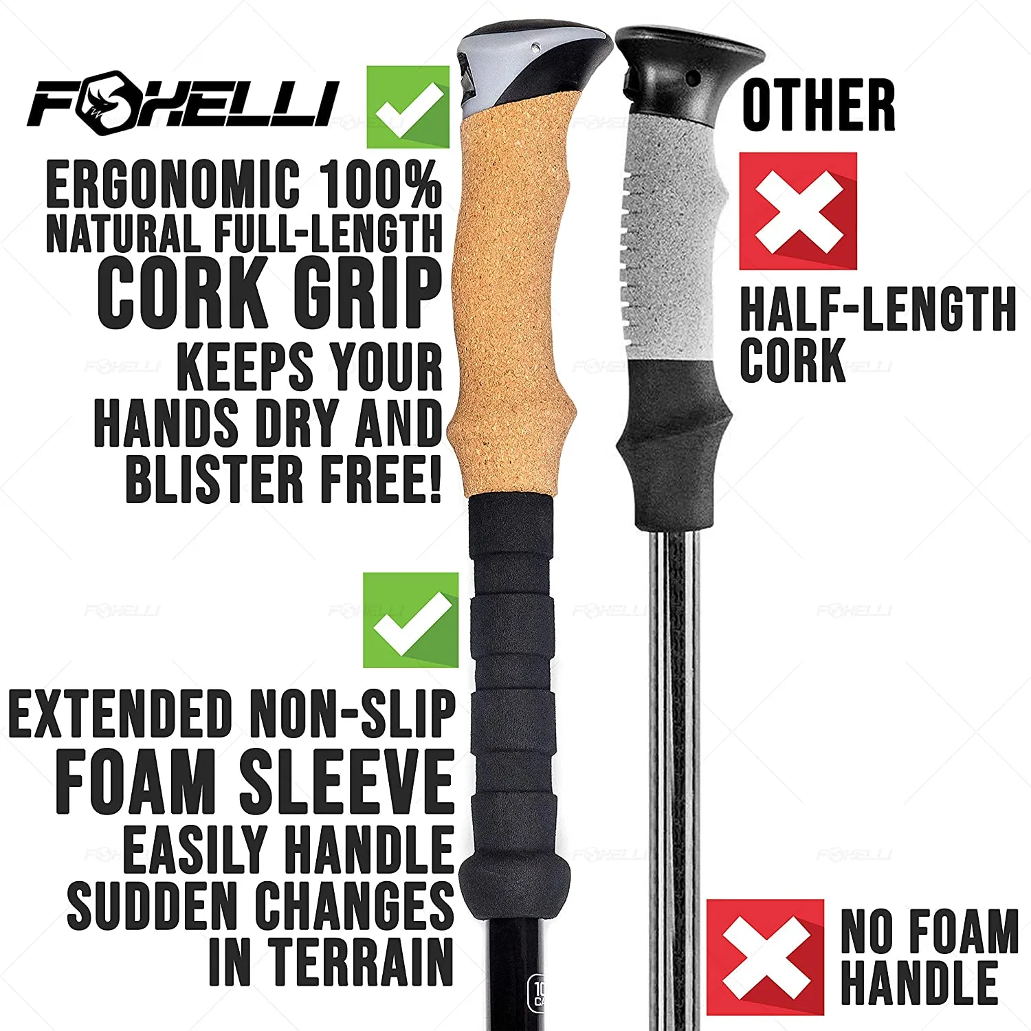 Foxelli Carbon Fiber Trekking Poles – Collapsible, Lightweight, Shock-Absorbent, Hiking, Walking & Running Sticks with Natural Cork Grips, Flip Locks, 4 Season/All Terrain Accessories and Carry Bag