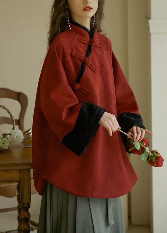 French Red Stand Collar Button Warm Fleece Tops Long Sleeve ML2336