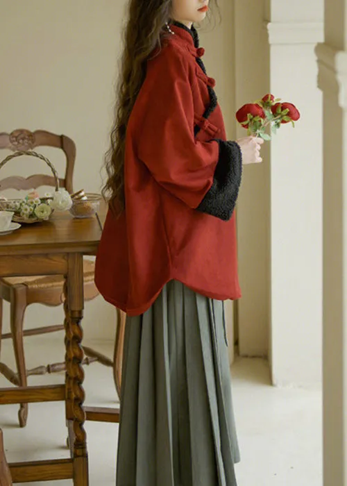 French Red Stand Collar Button Warm Fleece Tops Long Sleeve ML2336