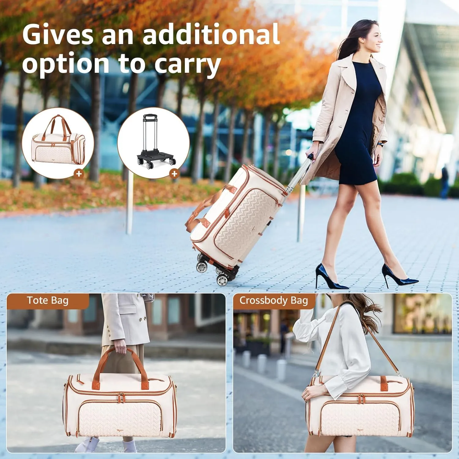 Garment Duffle Bag with wheels, Rolling Garment Bag for Travel, Convertible Carry on Garment Bag, Hanging Weekender Bag, Travel Duffle Bag for Women, Apricot