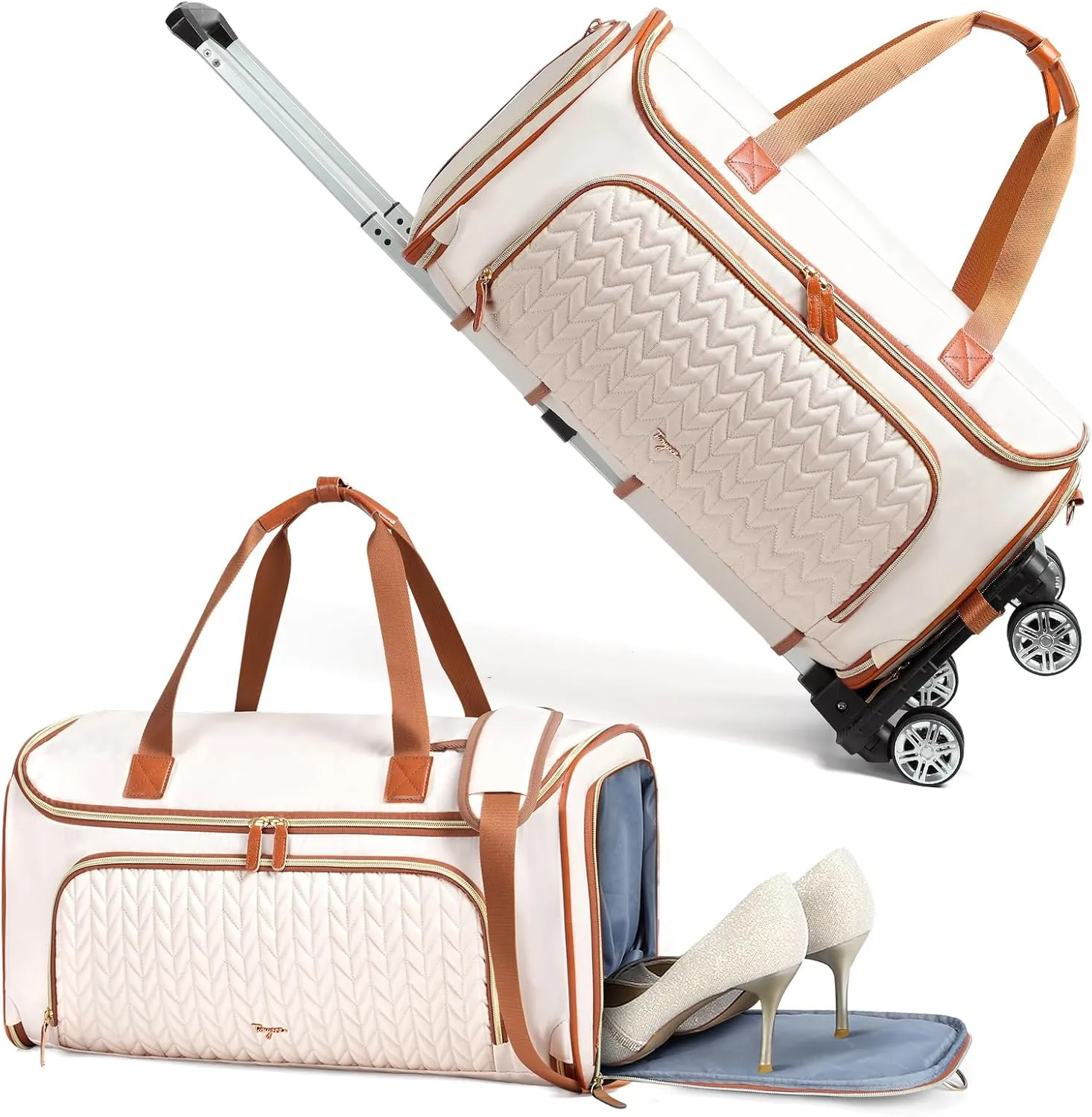 Garment Duffle Bag with wheels, Rolling Garment Bag for Travel, Convertible Carry on Garment Bag, Hanging Weekender Bag, Travel Duffle Bag for Women, Apricot