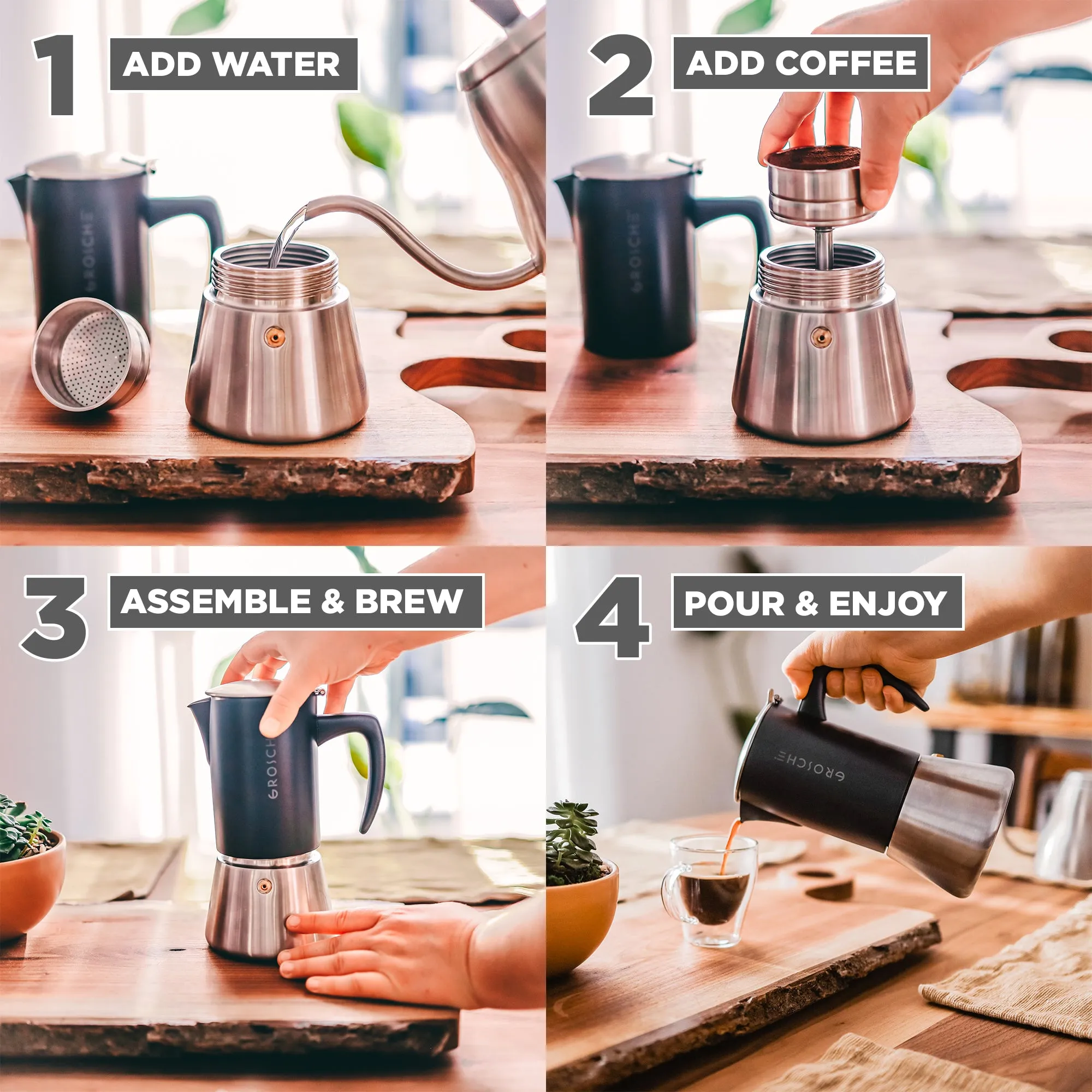 GROSCHE MILANO STEEL Stovetop Espresso Maker, Black, Available in 2 Sizes - Pack of 4