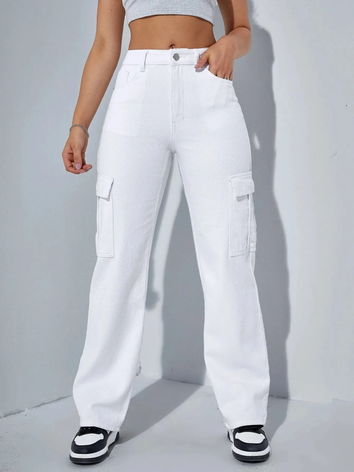 High-Waisted Denim Regular Fit Cargo Pant