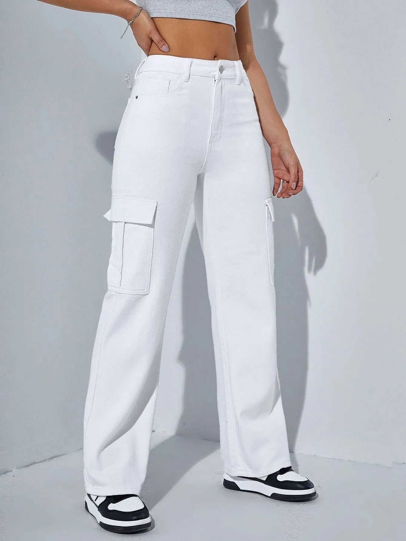 High-Waisted Denim Regular Fit Cargo Pant