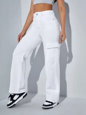 High-Waisted Denim Regular Fit Cargo Pant