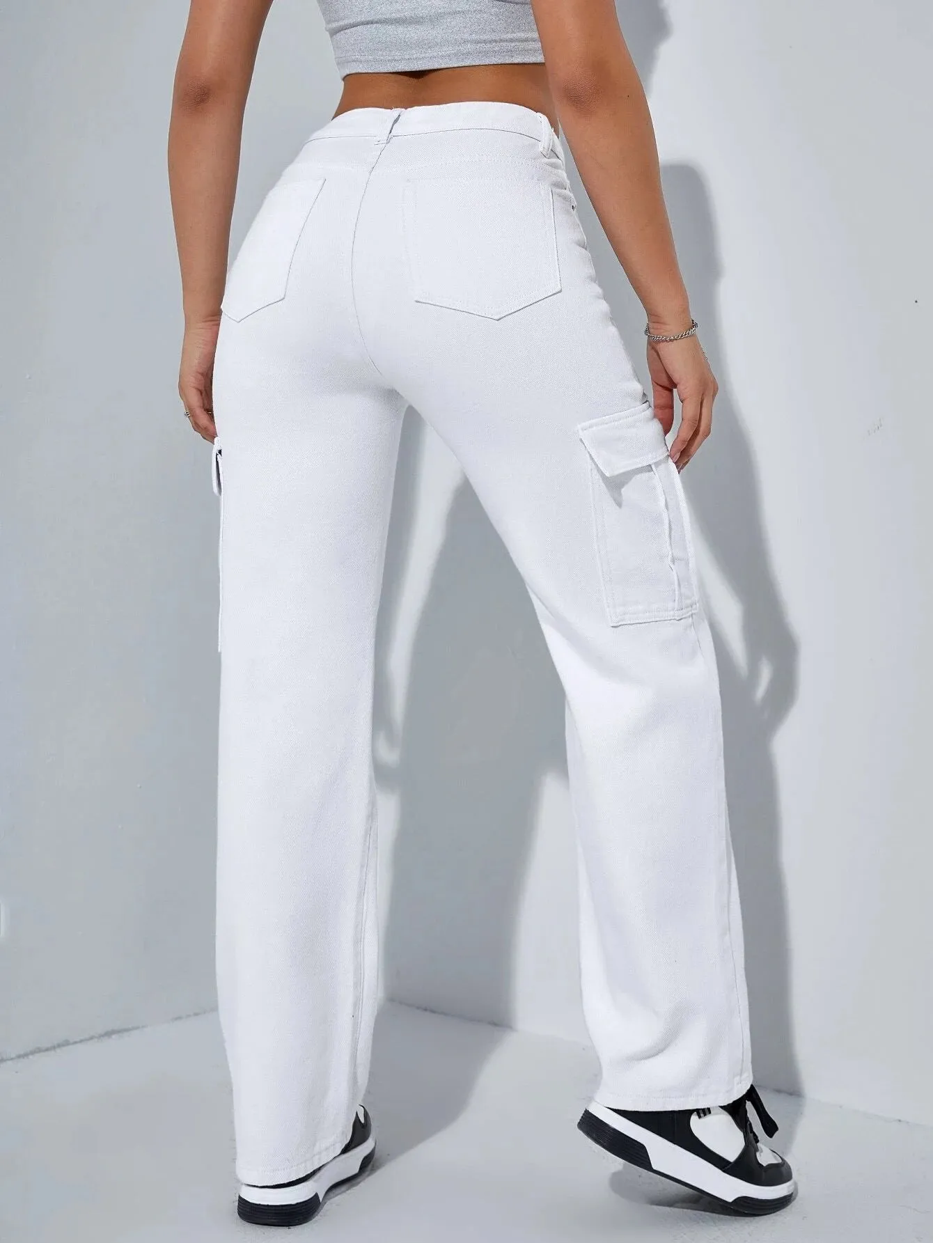 High-Waisted Denim Regular Fit Cargo Pant