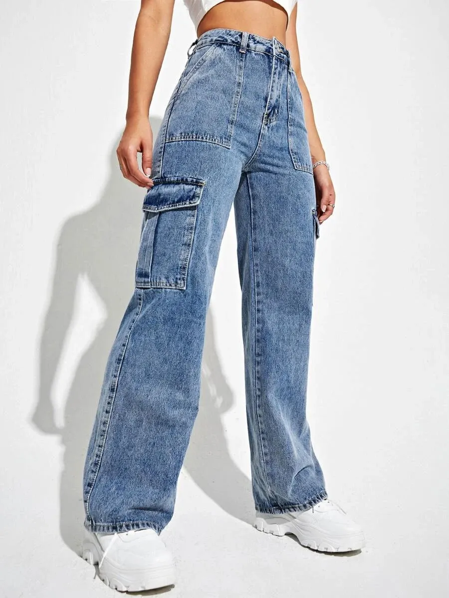 High Waisted Flap Side Pocket Cargo Jeans