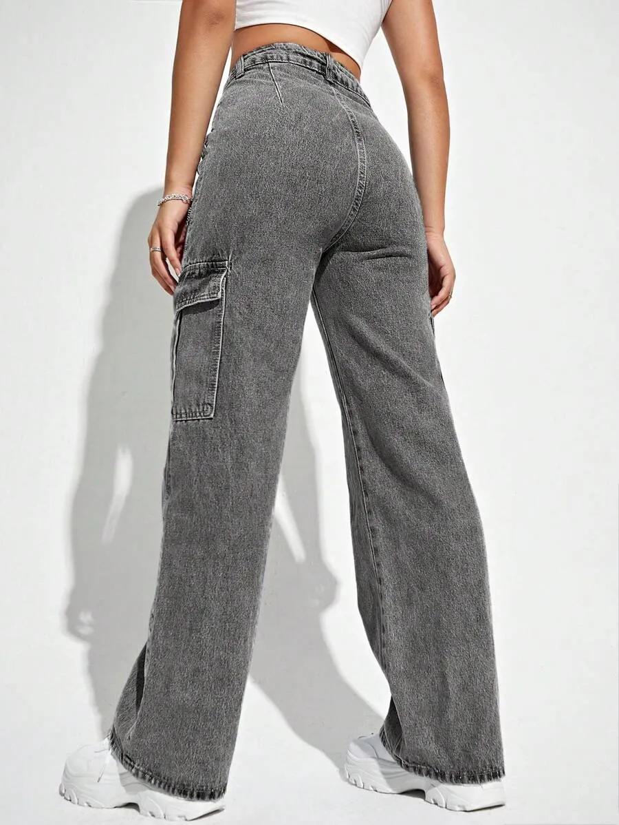 High Waisted Flap Side Pocket Cargo Jeans