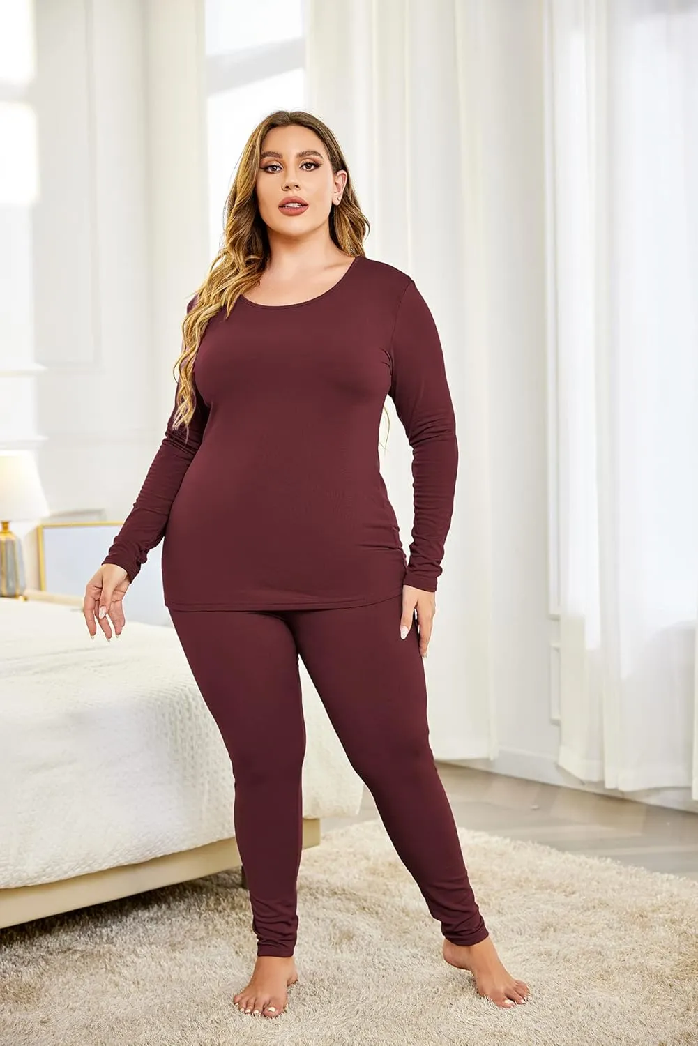 IN'VOLAND Womens Plus Size Thermal Long Johns Sets Fleece Lined 2 Pcs Underwear Top & Bottom Pajama Set