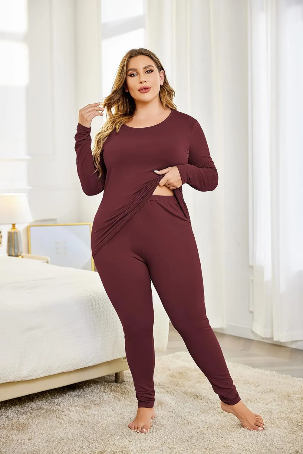 IN'VOLAND Womens Plus Size Thermal Long Johns Sets Fleece Lined 2 Pcs Underwear Top & Bottom Pajama Set