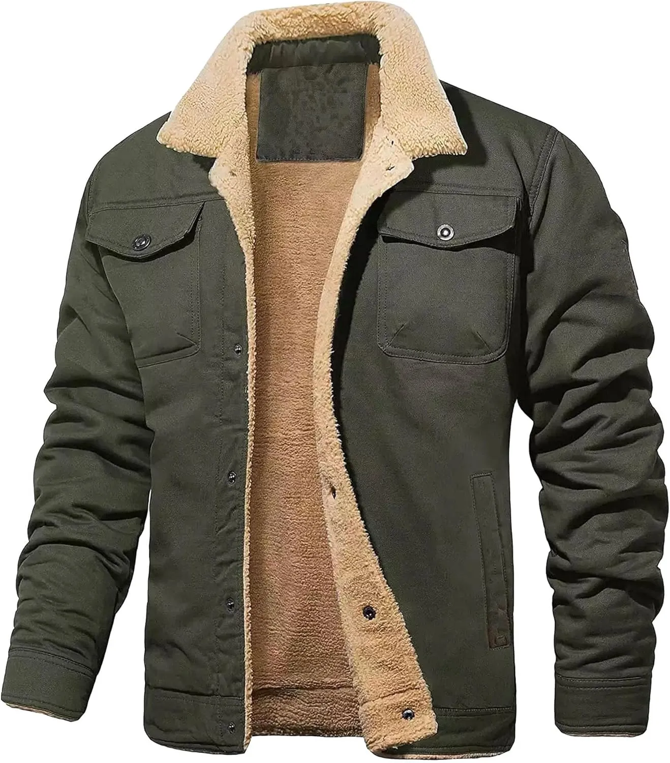 JEShifangjiusu Men'S Warm Sherpa Lined Fleece Coat Button Down Outdoor Jackets Shirt Casual Winter Cotton Military Jacket