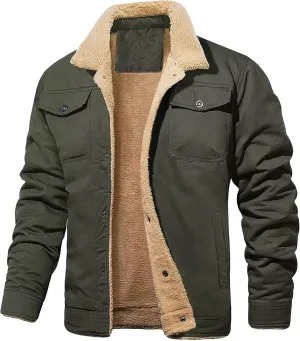 JEShifangjiusu Men'S Warm Sherpa Lined Fleece Coat Button Down Outdoor Jackets Shirt Casual Winter Cotton Military Jacket