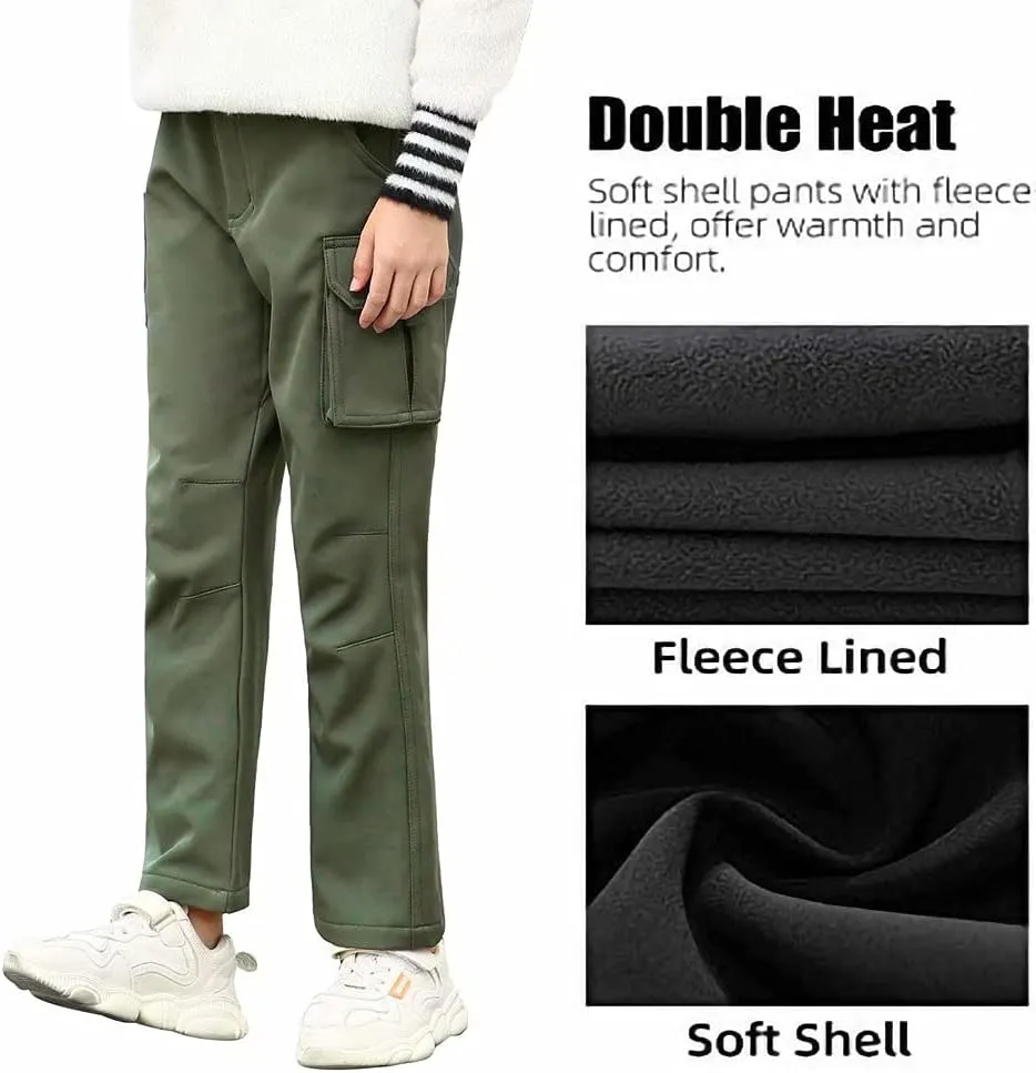 JOMLUN Boy's Hiking Pants Fleece Lined Cargo Snow Soft Shell Ski Waterproof Windproof Warm Outdoor Insulated Trousers Winter