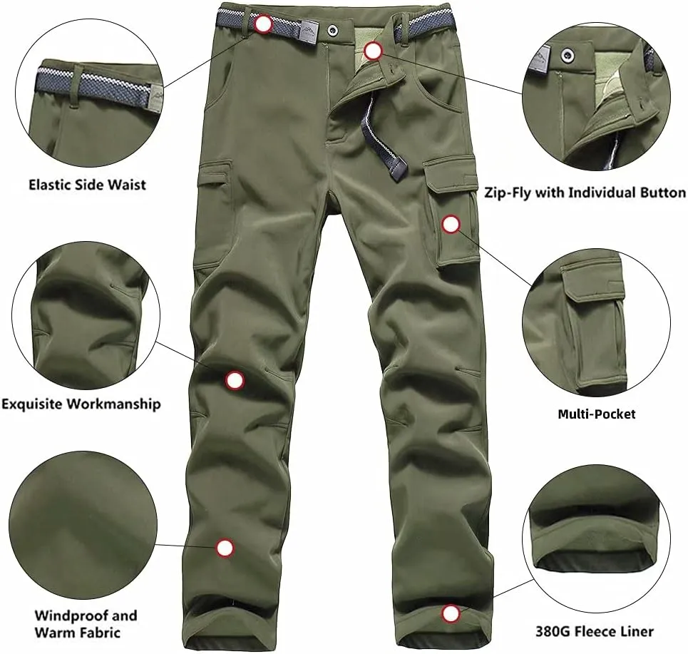 JOMLUN Boy's Hiking Pants Fleece Lined Cargo Snow Soft Shell Ski Waterproof Windproof Warm Outdoor Insulated Trousers Winter