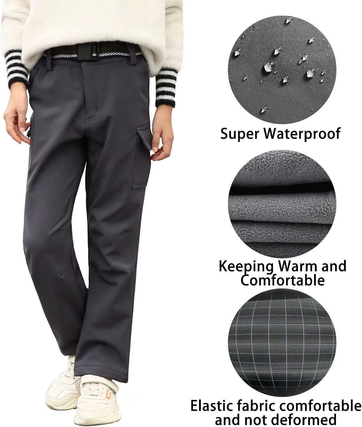 JOMLUN Boy's Hiking Pants Fleece Lined Cargo Snow Soft Shell Ski Waterproof Windproof Warm Outdoor Insulated Trousers Winter
