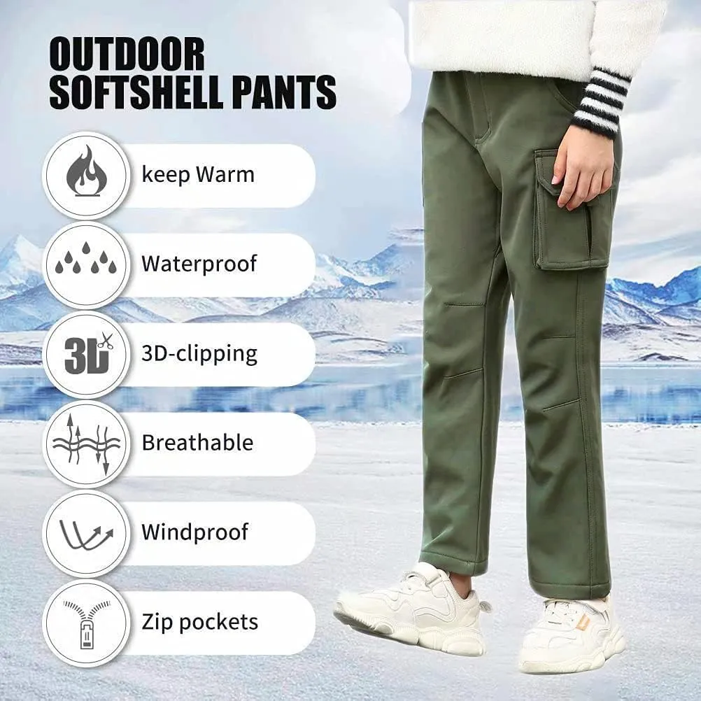 JOMLUN Boy's Hiking Pants Fleece Lined Cargo Snow Soft Shell Ski Waterproof Windproof Warm Outdoor Insulated Trousers Winter