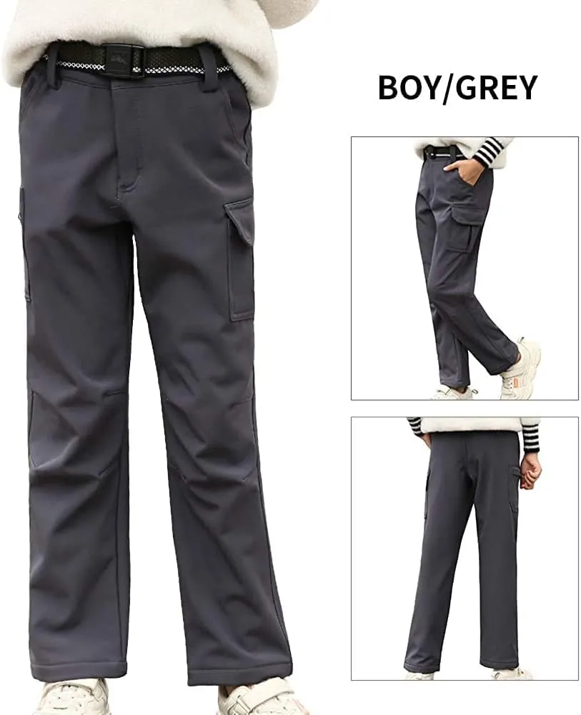 JOMLUN Boy's Hiking Pants Fleece Lined Cargo Snow Soft Shell Ski Waterproof Windproof Warm Outdoor Insulated Trousers Winter