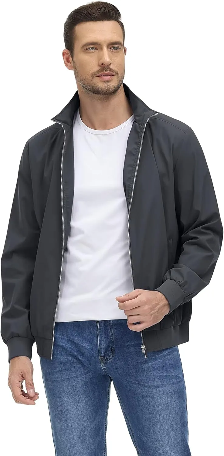 KEFITEVD Men's Lightweight Windbreaker Casual Outdoor Jackets Windproof Full Zip Bomber Golf Jacket Spring Fall Outerwear