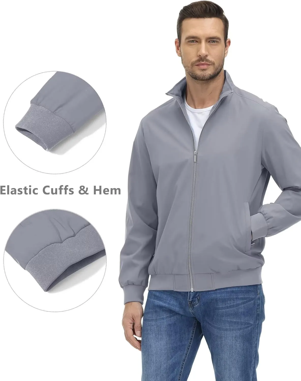 KEFITEVD Men's Lightweight Windbreaker Casual Outdoor Jackets Windproof Full Zip Bomber Golf Jacket Spring Fall Outerwear