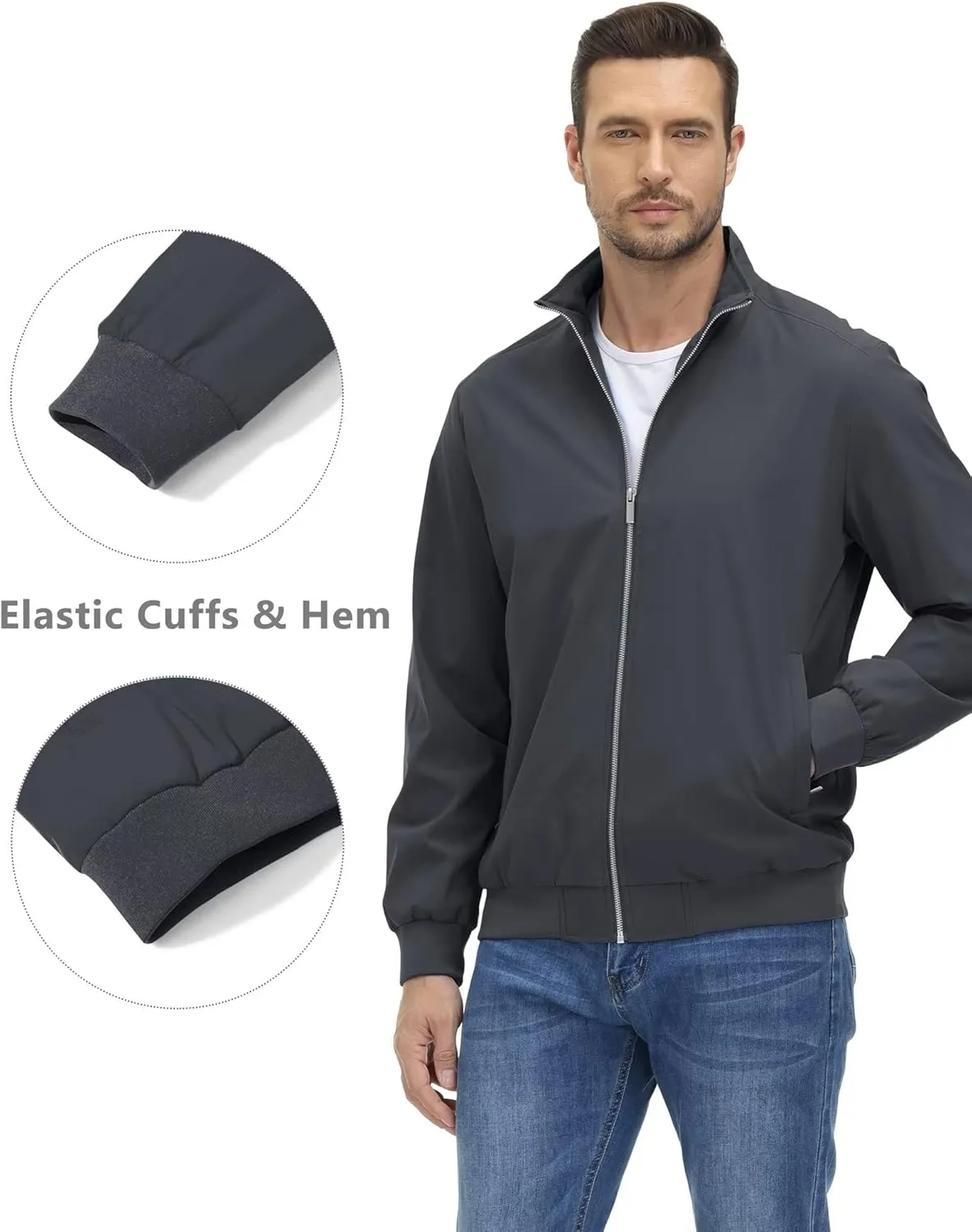 KEFITEVD Men's Lightweight Windbreaker Casual Outdoor Jackets Windproof Full Zip Bomber Golf Jacket Spring Fall Outerwear