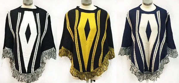knitted poncho w/ fringe - geometric designs Case of 6