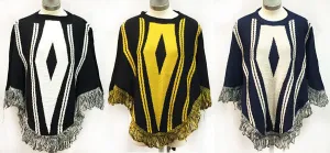 knitted poncho w/ fringe - geometric designs Case of 6