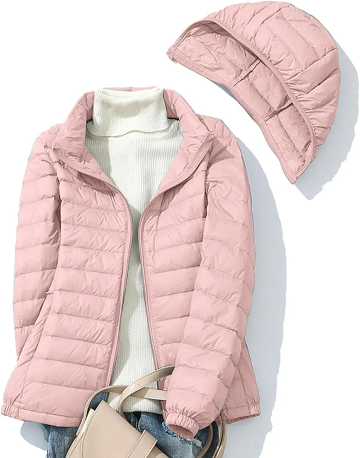 Lightweight Jackets for Women with Hood Winter Long Sleeve Zip Down Coat Solid Color Warm Casual Puffer Jacket