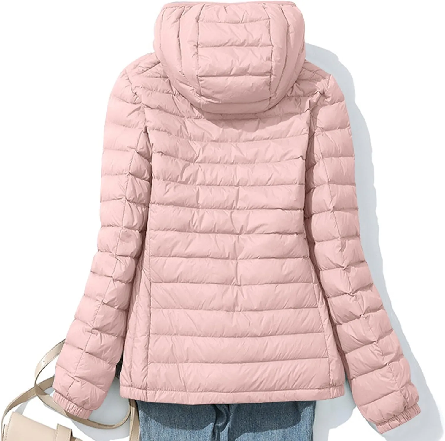 Lightweight Jackets for Women with Hood Winter Long Sleeve Zip Down Coat Solid Color Warm Casual Puffer Jacket
