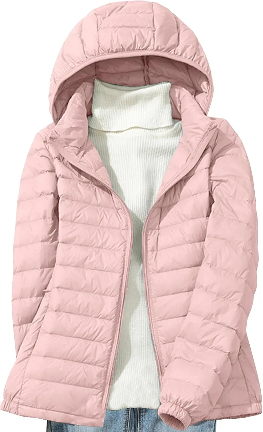 Lightweight Jackets for Women with Hood Winter Long Sleeve Zip Down Coat Solid Color Warm Casual Puffer Jacket