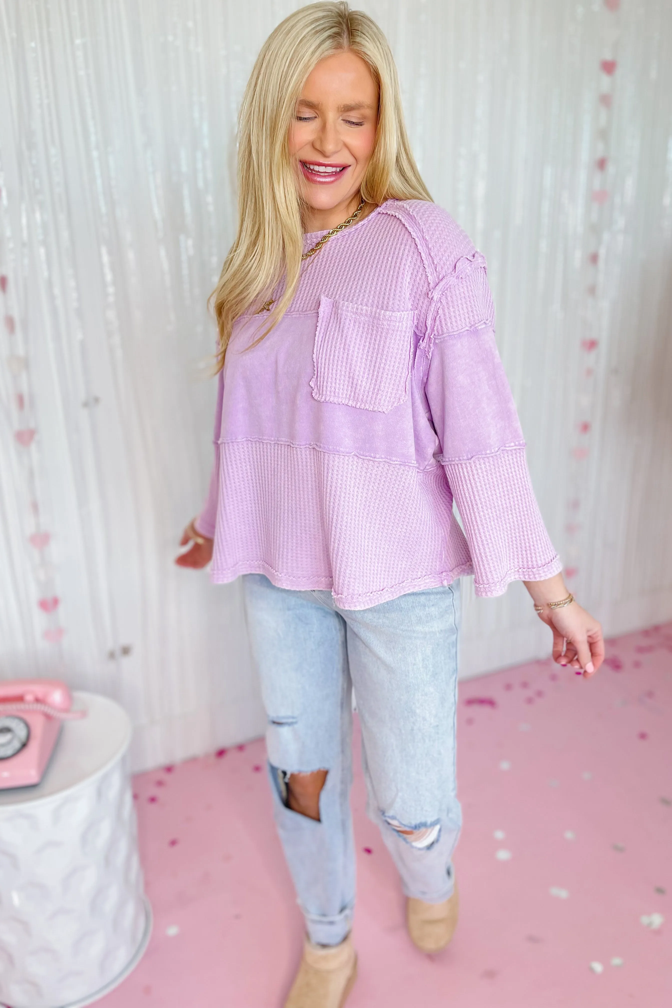 Lily Thermal Mix 3/4 Sleeve Washed Top