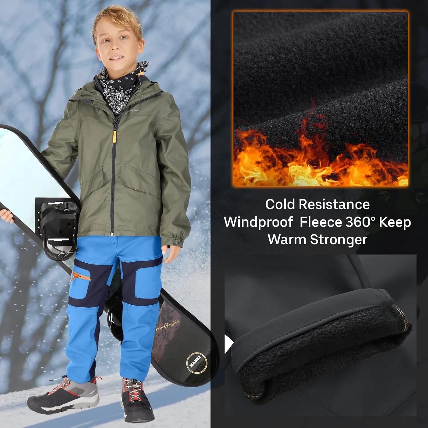 linlon Kids Boy's Snow Waterproof Pants Youth Fleece Lind Hiking Softshell Warm Insulated Trousers