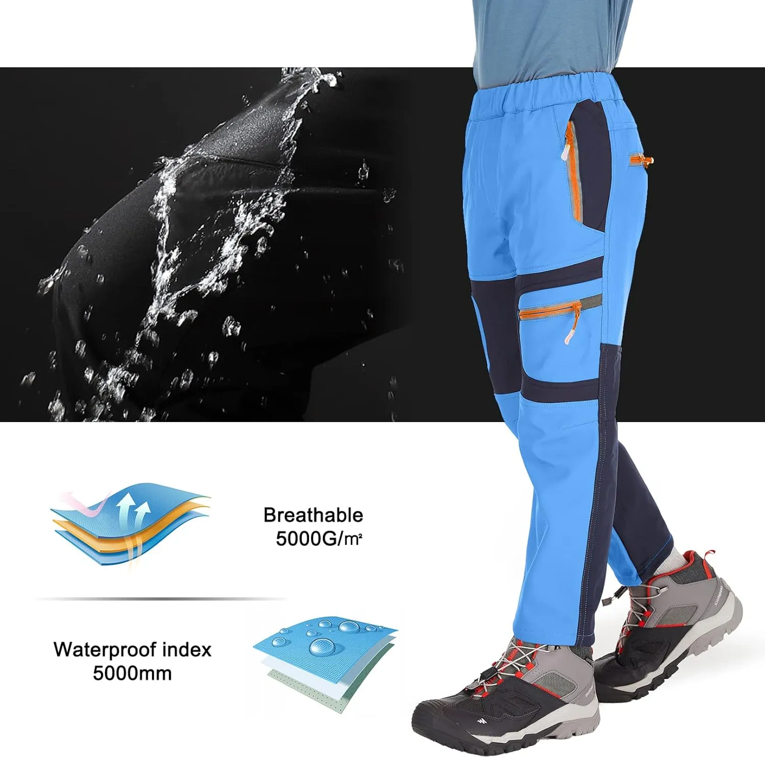 linlon Kids Boy's Snow Waterproof Pants Youth Fleece Lind Hiking Softshell Warm Insulated Trousers