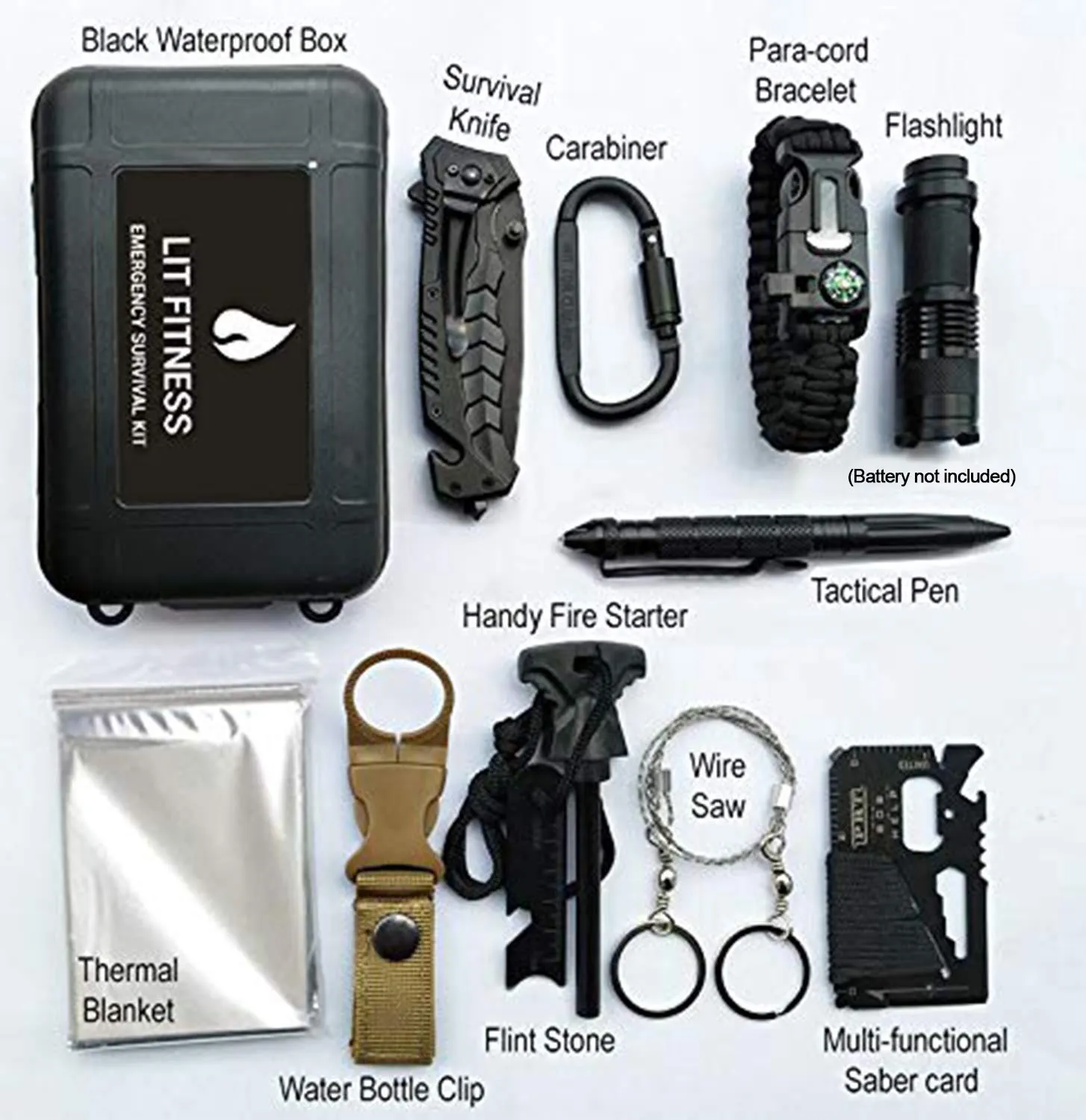 LIT FITNESS Survival Kits 12-in-1 Emergency Survival Kit, Including Rock Climbing Gear, Emergency Blankets, Survival Bracelet, Tactical Pen, Tactical Flashlight, Gift Sets for Men