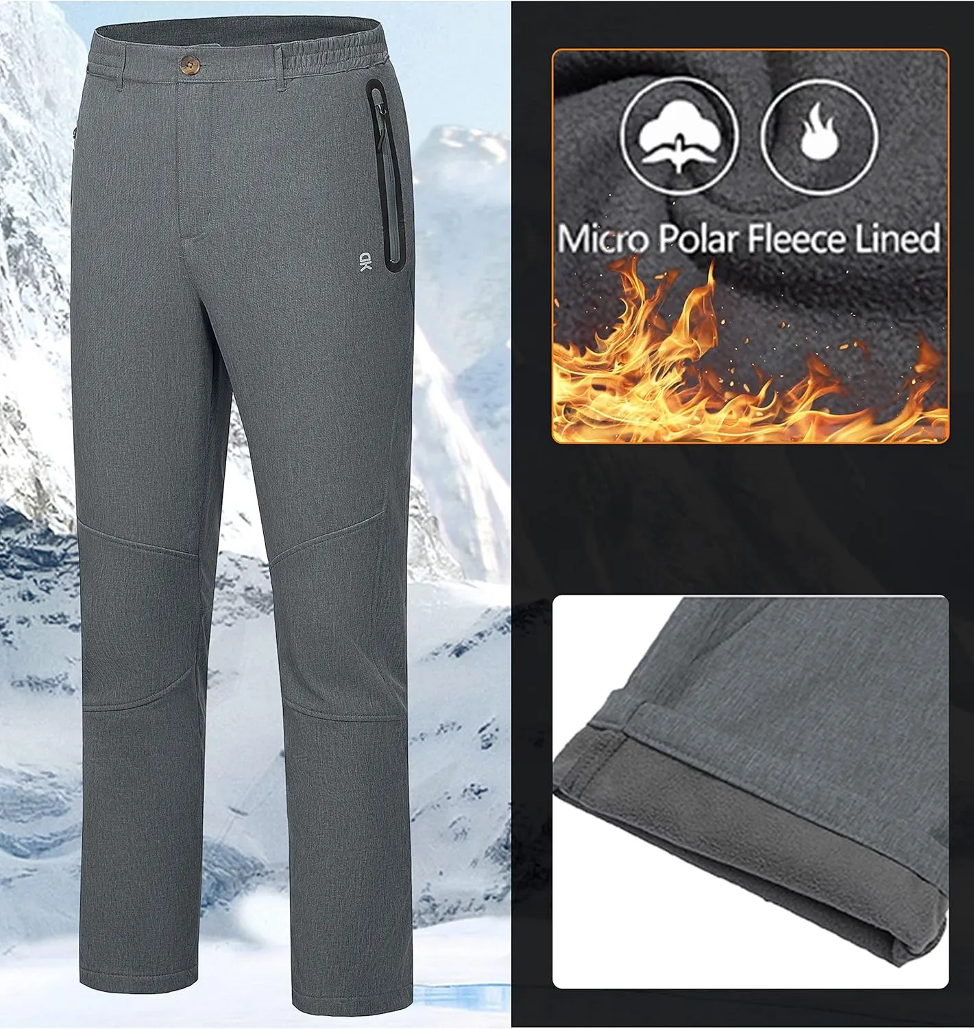 Little Donkey Andy Men's Hiking Snow Pants, Fleece Lined Ski Pants Softshell Pants Windproof& Water Resistant