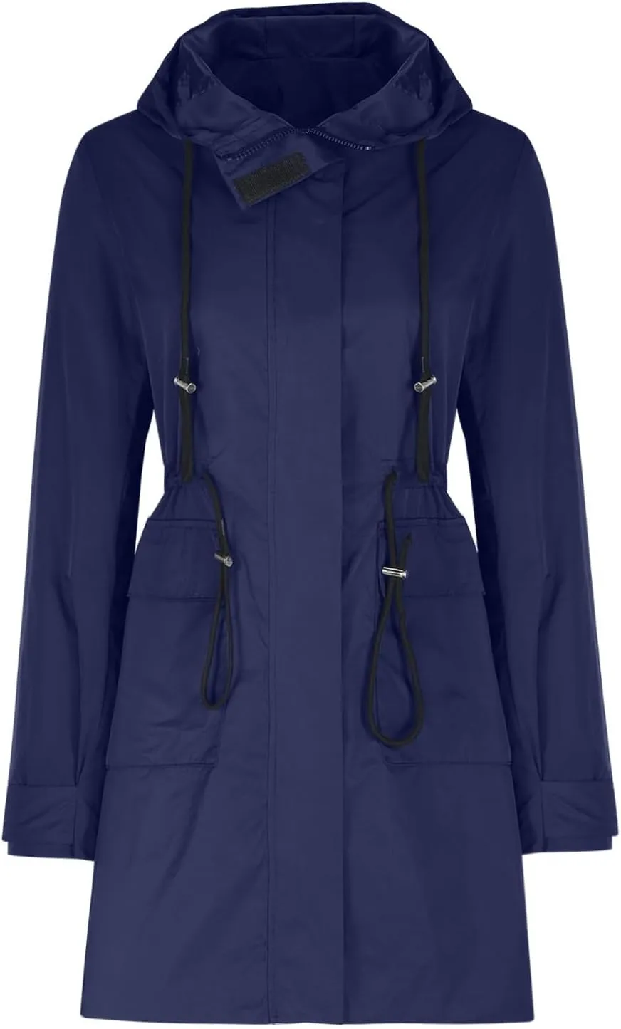 Lmdudan Rain Jacket for Women Lightweight Waterproof Hooded Trench Coats 2024 Active Outdoor Belted Windbreaker with Pockets